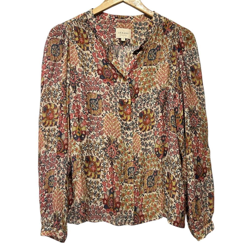 Sezane Floral Print Mock Neck Button Front Blouse Metallic Elegant Luxury Sz 38